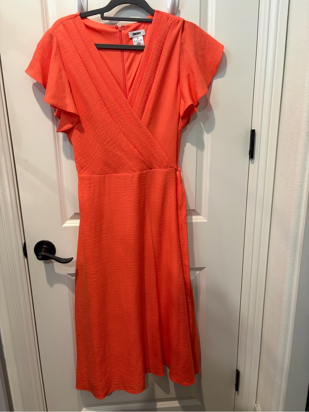 DKNY Coral Wrap Midi Dress with Flutter Sleeves